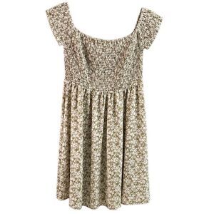 SIMPLEE Womens Smocked Off On Shoulder Dress Short Size Large Tan White